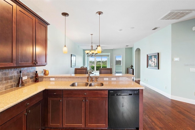 kitchen featuring sink, dishwasher, kitchen peninsula, dark wood-type flooring, and a notable chandelier