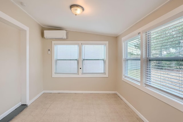 tiled spare room featuring lofted ceiling, a wall mounted air conditioner, and ornamental molding