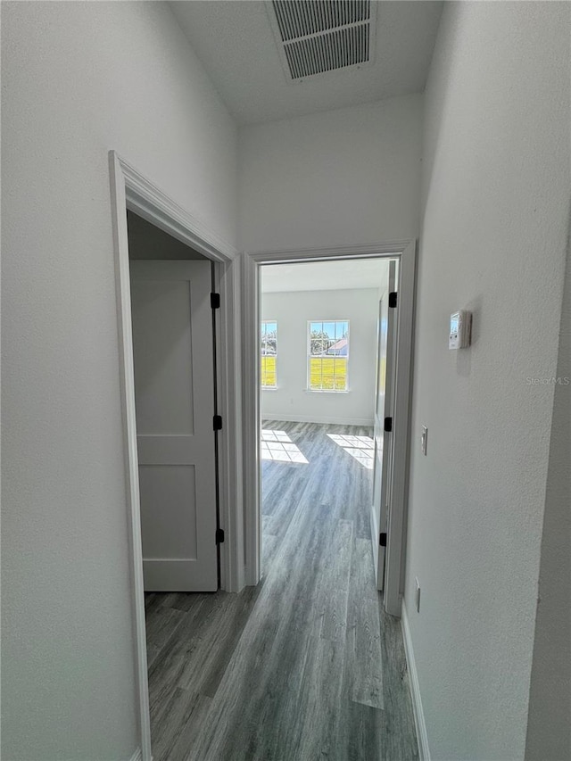 hallway with hardwood / wood-style floors