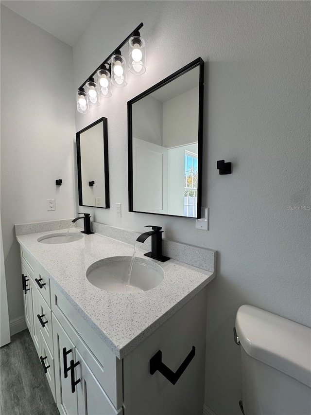 bathroom featuring hardwood / wood-style flooring, vanity, and toilet