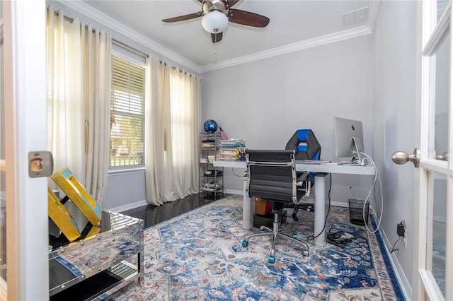 office area with ceiling fan, crown molding, and hardwood / wood-style floors