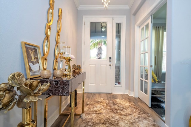 entrance foyer with ornamental molding and hardwood / wood-style flooring