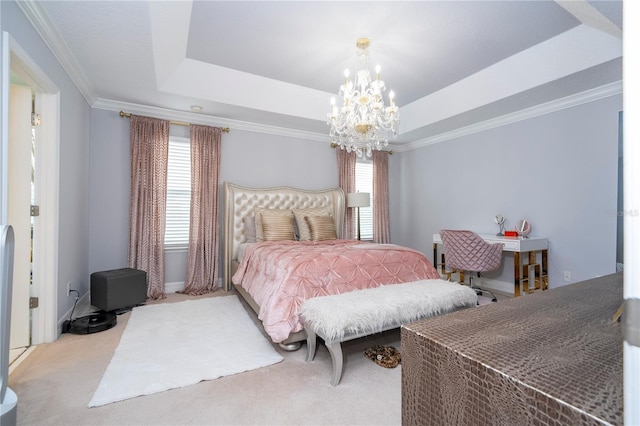 bedroom featuring a tray ceiling, multiple windows, a chandelier, and light colored carpet