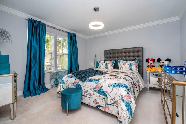 carpeted bedroom with ornamental molding