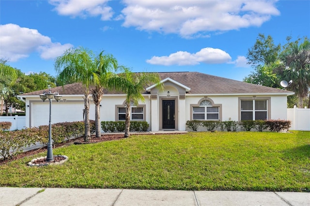 single story home featuring a front lawn and a garage