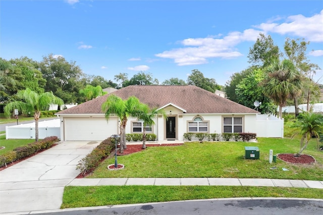 view of front of home featuring a garage, fence, a front lawn, concrete driveway, and stucco siding