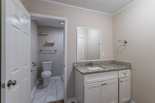 bathroom with vanity, a textured ceiling, toilet, and crown molding