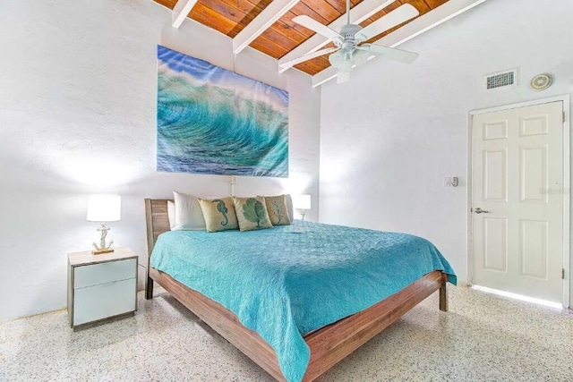 bedroom featuring lofted ceiling with beams, wood ceiling, and ceiling fan