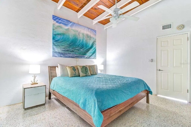 bedroom with visible vents, a ceiling fan, wooden ceiling, vaulted ceiling with beams, and light speckled floor