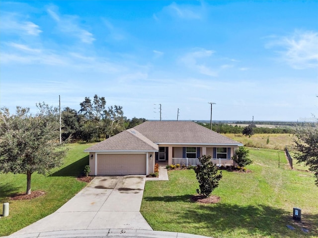 ranch-style house with a garage, a front lawn, and a porch