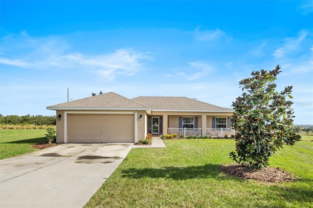 single story home featuring a front yard and a garage