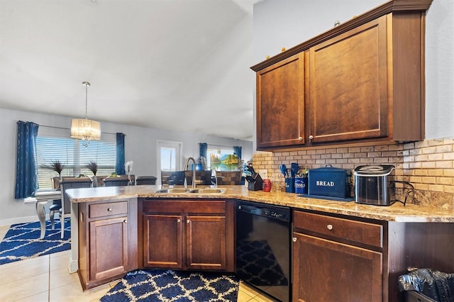 kitchen with dishwasher, kitchen peninsula, sink, light tile patterned flooring, and a chandelier