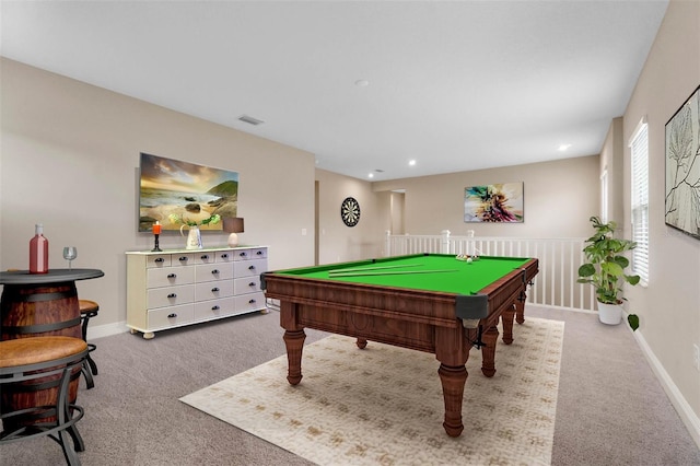 rec room with pool table, carpet floors, visible vents, and baseboards