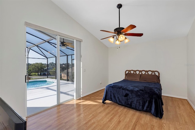 bedroom with vaulted ceiling, light hardwood / wood-style flooring, access to exterior, and ceiling fan