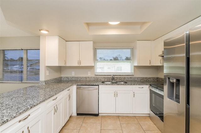 kitchen with a tray ceiling, appliances with stainless steel finishes, sink, and white cabinets