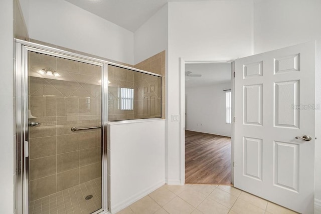 bathroom featuring an enclosed shower and hardwood / wood-style floors