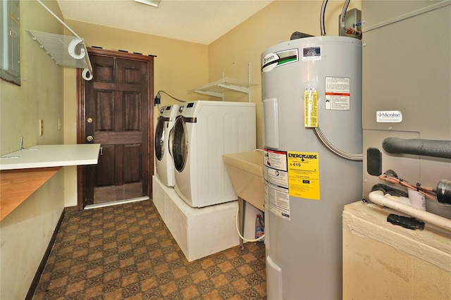 laundry area featuring water heater and washer and clothes dryer