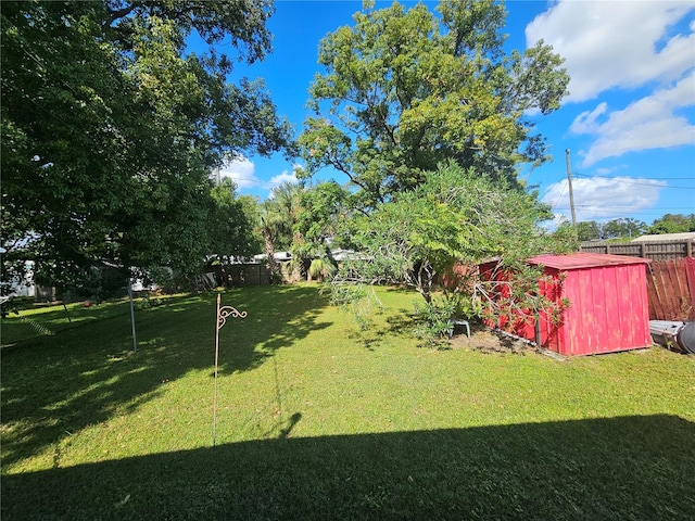 view of yard featuring a storage unit