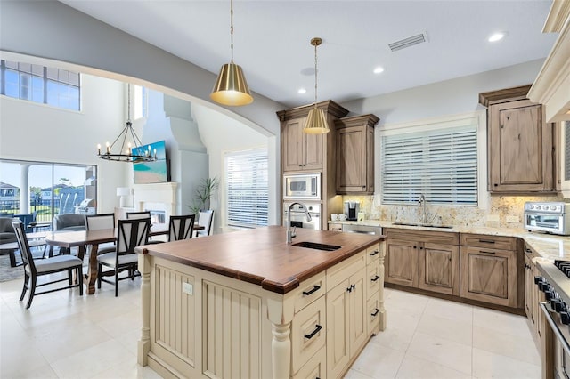 kitchen with plenty of natural light, stainless steel appliances, sink, and an island with sink