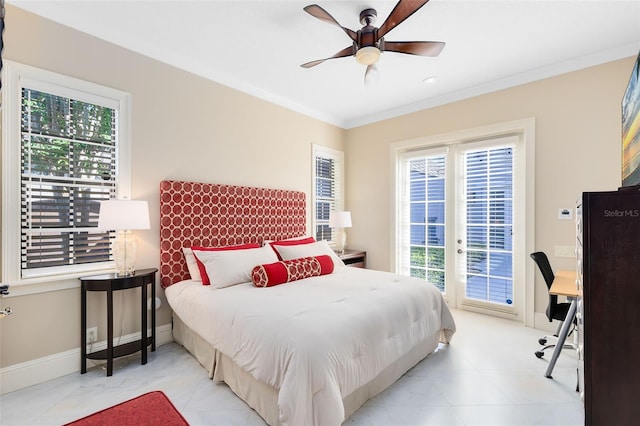 bedroom with multiple windows, crown molding, and ceiling fan