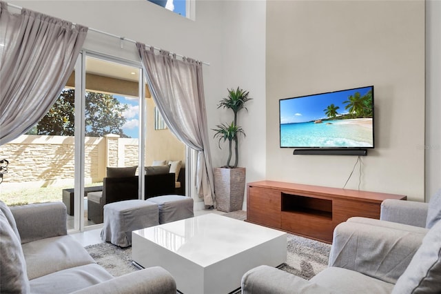 living room featuring a high ceiling