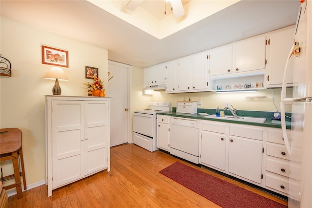 kitchen with sink, dishwasher, electric range oven, white cabinets, and light wood-type flooring