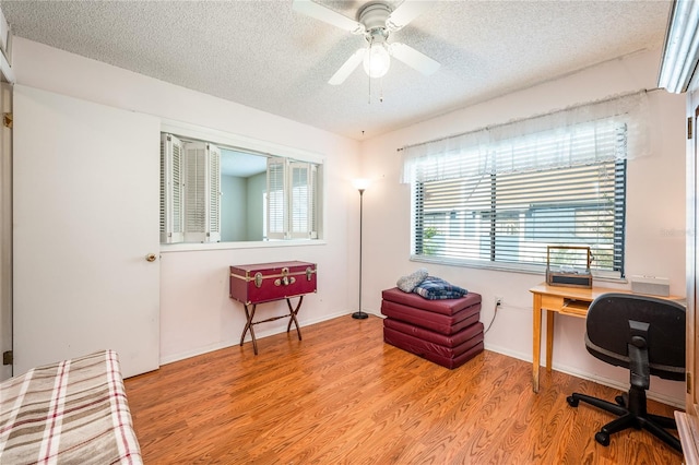 office space featuring ceiling fan, a textured ceiling, and light wood-type flooring