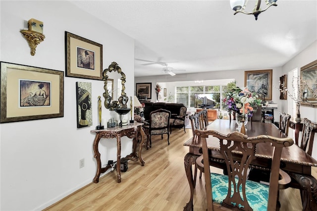 dining space featuring light hardwood / wood-style floors and ceiling fan