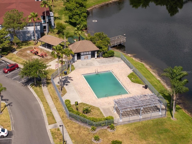 drone / aerial view featuring a water view