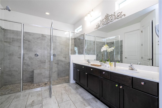 bathroom with vanity and a shower with shower door