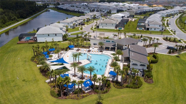 drone / aerial view with a water view