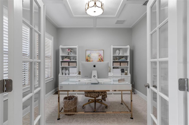 office area with french doors, visible vents, and baseboards