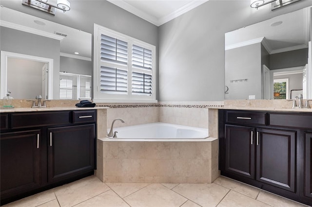 full bathroom featuring crown molding, tile patterned flooring, visible vents, and a sink