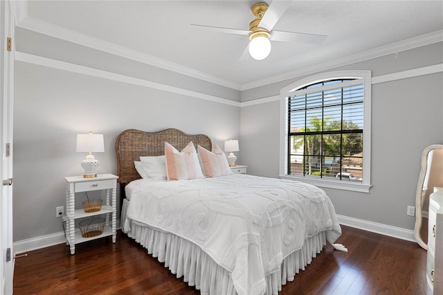 bedroom with a ceiling fan, crown molding, baseboards, and dark wood-type flooring