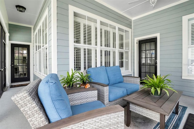 exterior space with outdoor lounge area and covered porch