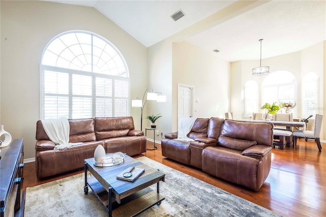 living room featuring lofted ceiling and hardwood / wood-style floors