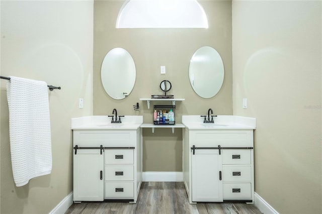 bathroom with vanity and hardwood / wood-style floors