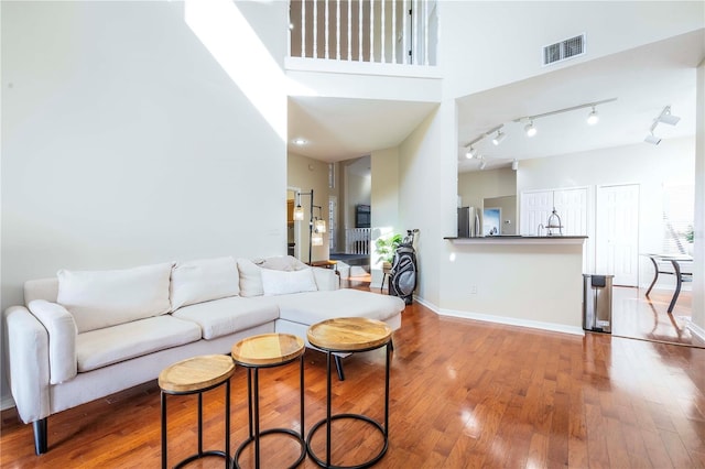 living room featuring wood-type flooring and a high ceiling