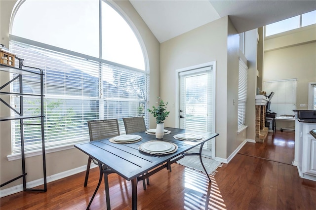 dining room with vaulted ceiling, plenty of natural light, and dark hardwood / wood-style floors