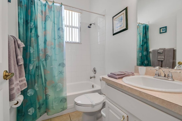 full bathroom with toilet, shower / tub combo, vanity, and tile patterned floors