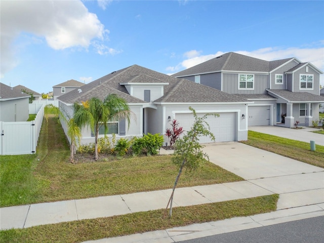 view of front of property with a front yard and a garage