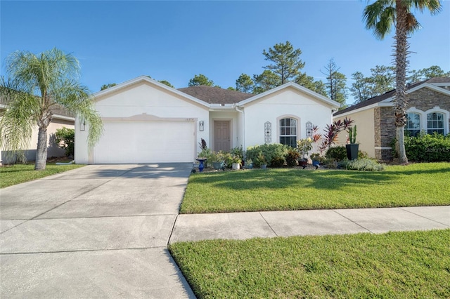 ranch-style home with a front lawn and a garage