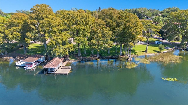 birds eye view of property with a water view