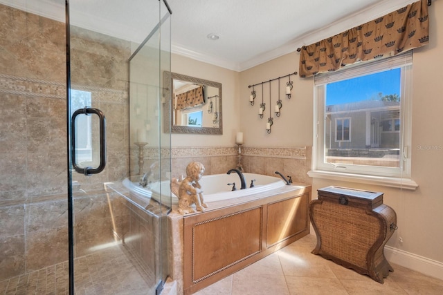 bathroom with crown molding, tile patterned floors, and plus walk in shower