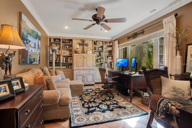 home office featuring ceiling fan, ornamental molding, and light tile patterned flooring