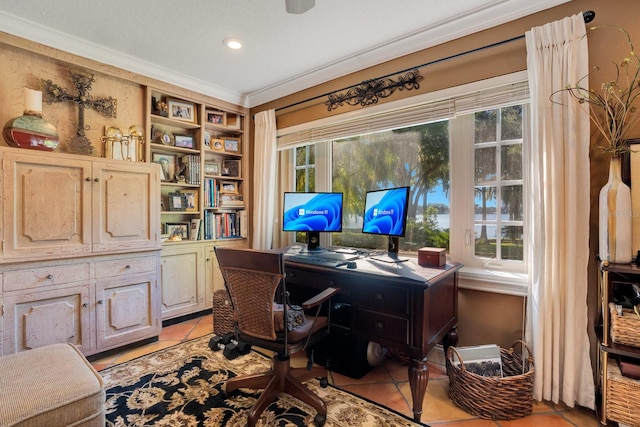 tiled office featuring ornamental molding and a wealth of natural light