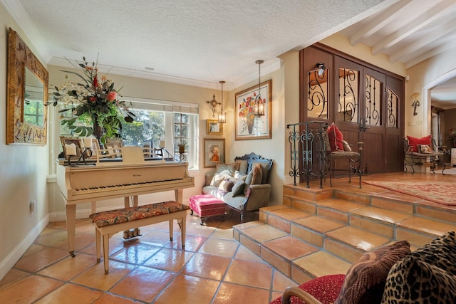 living area featuring an inviting chandelier, a textured ceiling, vaulted ceiling with beams, light tile patterned flooring, and crown molding