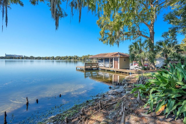 view of dock with a water view