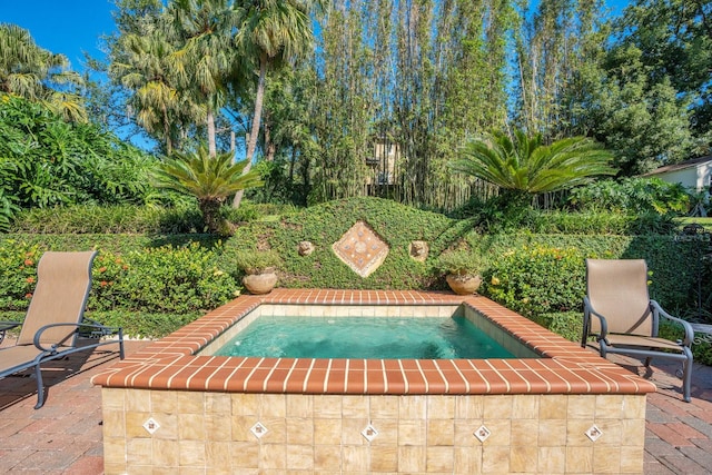 view of swimming pool featuring an in ground hot tub and a patio