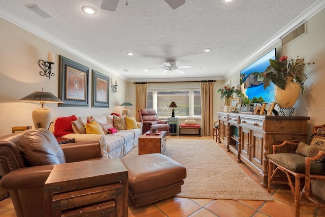 tiled living room featuring crown molding, a textured ceiling, and ceiling fan